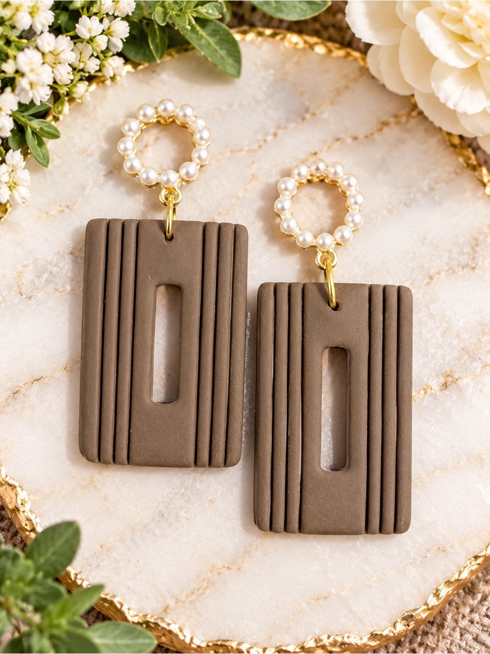 Pearl Hoop Taupe Geometric Dangle Handmade Polymer Clay Earrings
